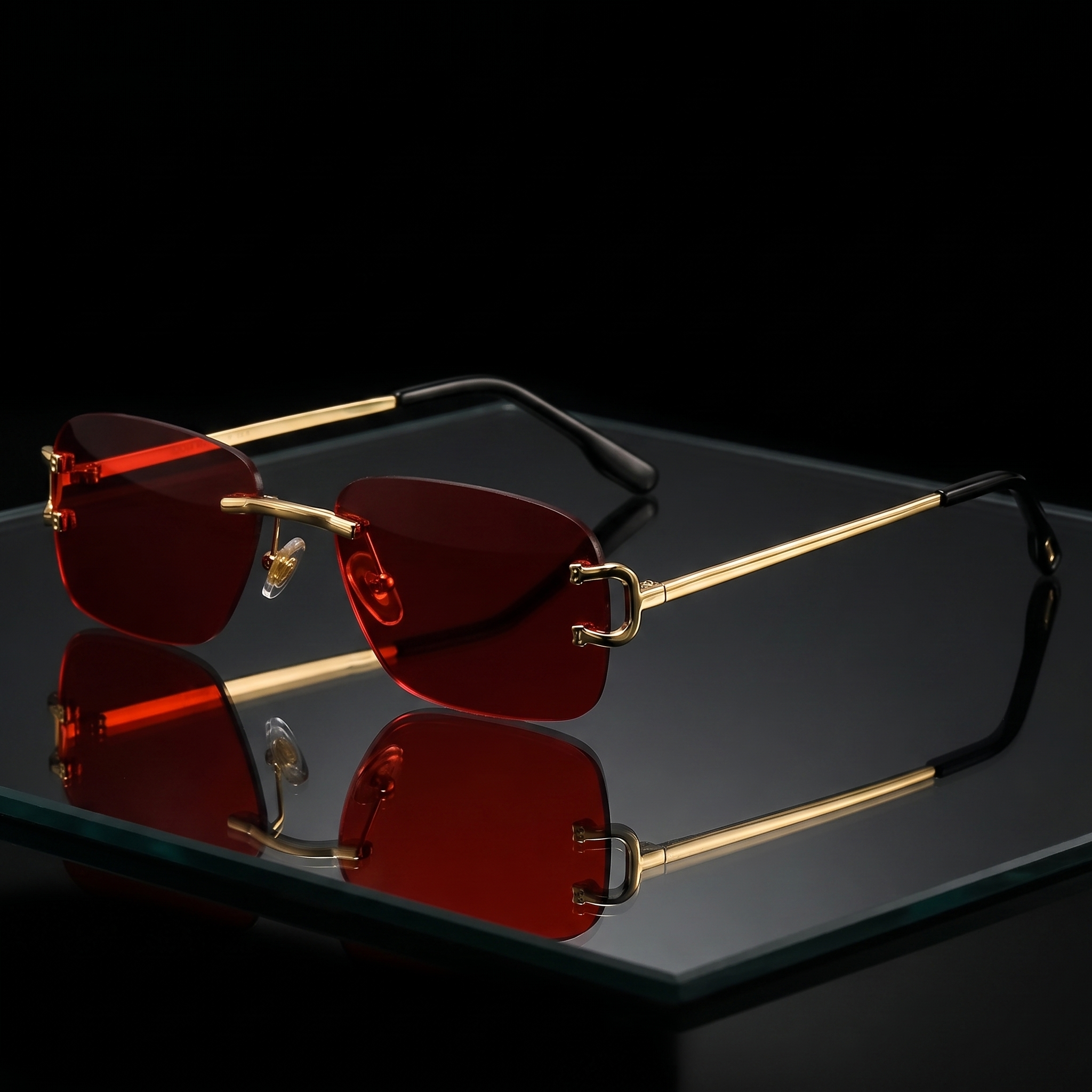 Rimless Square Red Tinted Anti-Blue Light Glasses (Gold Frame)
